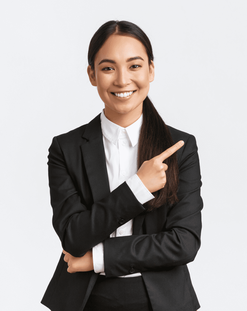 happy-professional-asian-female-manager-businesswoman-suit-showing-announcement-smiling-pointing-finger-left-product-project-banner-standing-white-background